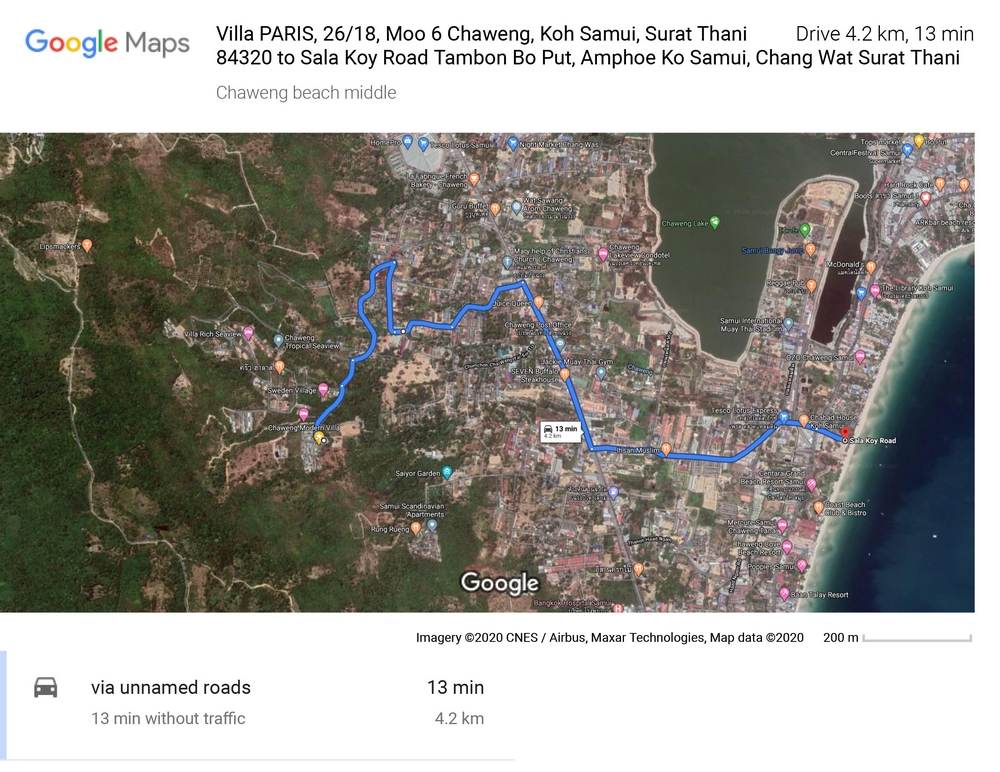 Route and distance of 4,3 Km between the large international shopping center